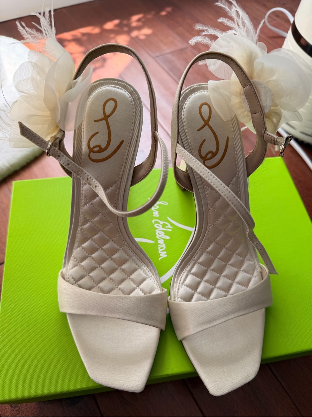 Sam Edelman Ivory Satin Open-Toe Slingback Heels with Floral Tulle Accent